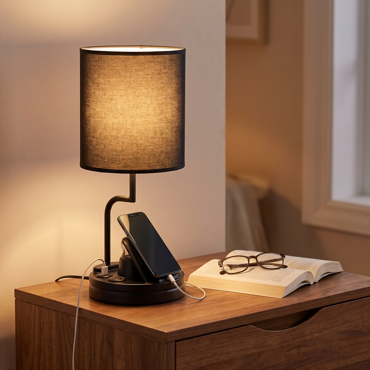 Table Lamp with Three USB Ports and Outlet — on a bedside table
