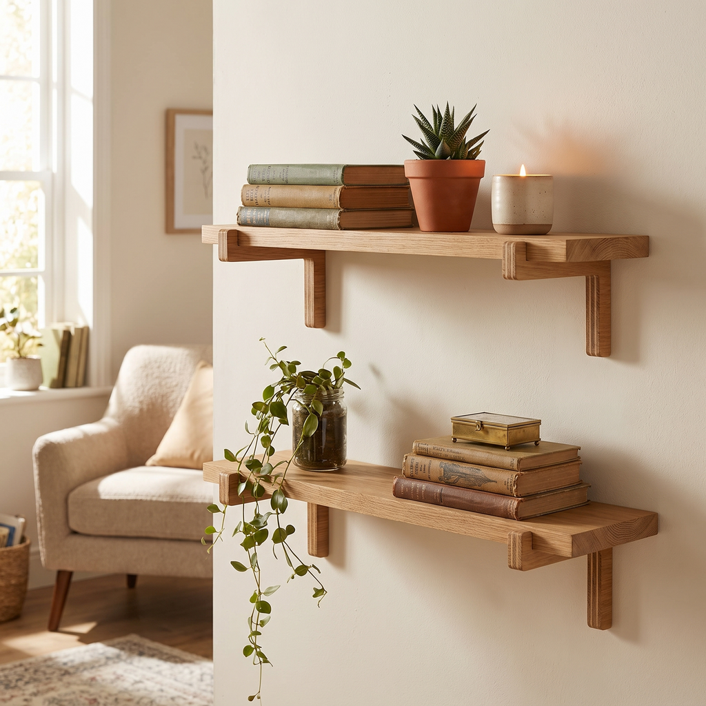 Valdo Oak Floating Wall Shelves — mounted in a room