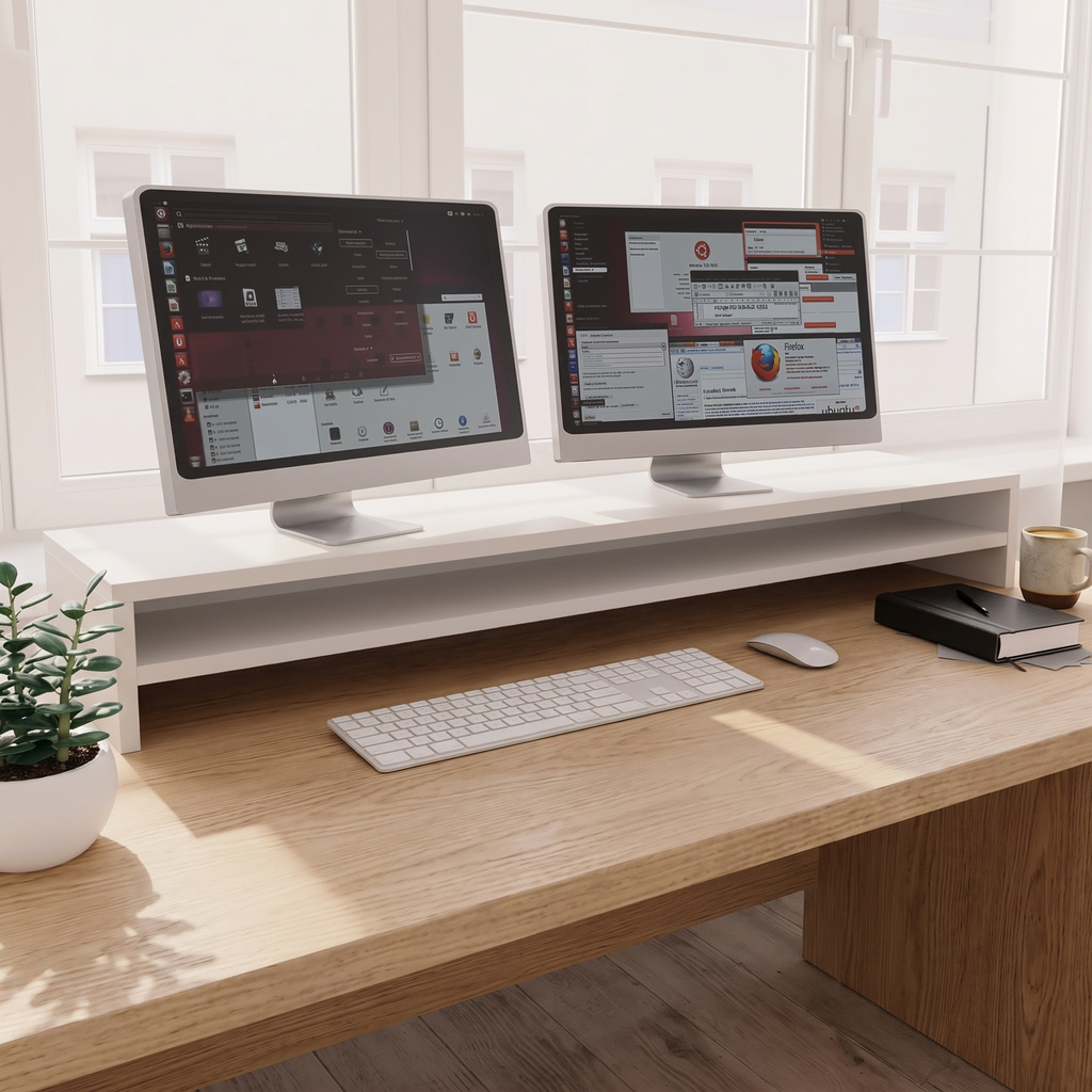 Linea White Monitor Riser 100cm — in use on a desk