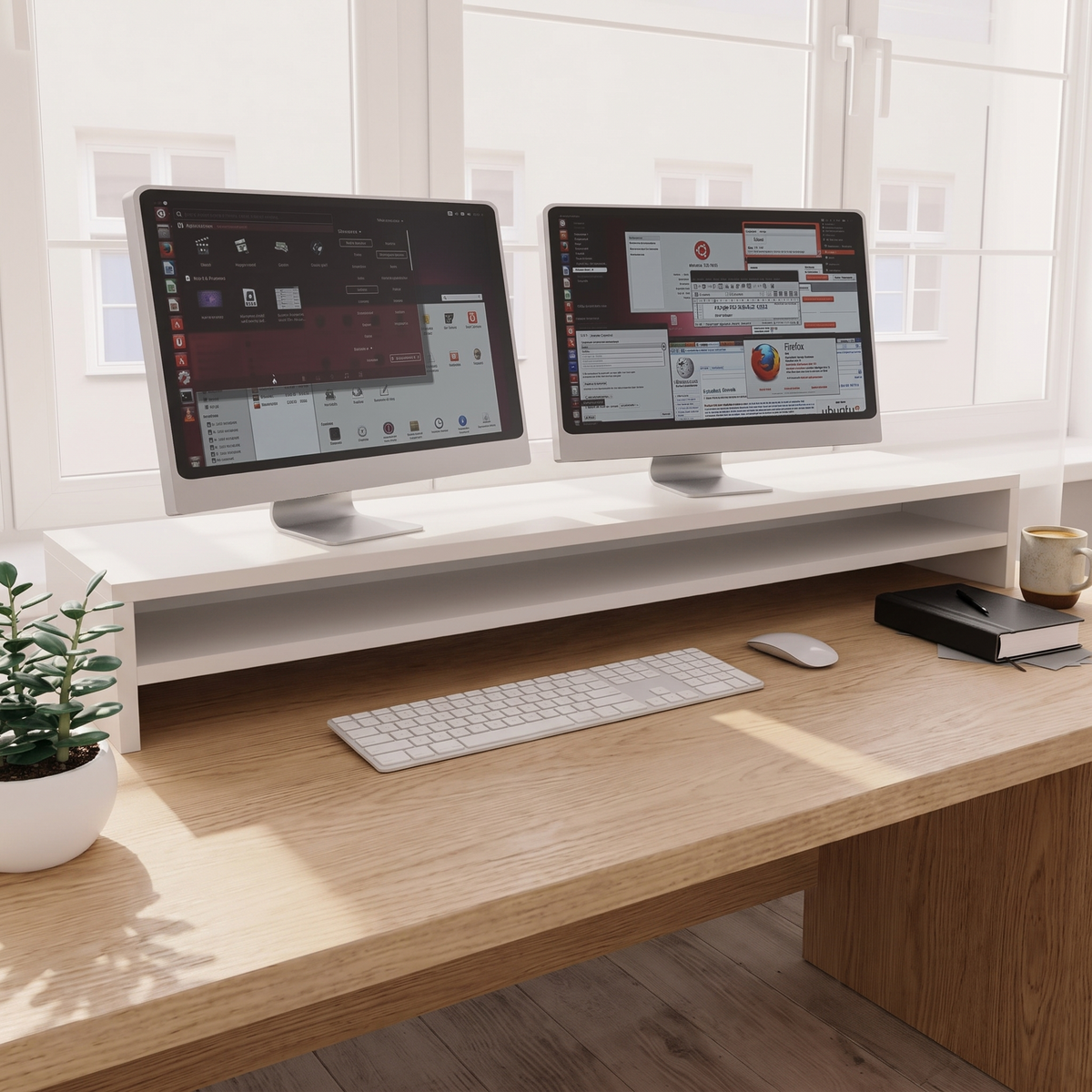 Linea White Monitor Riser 100cm — in use on a desk