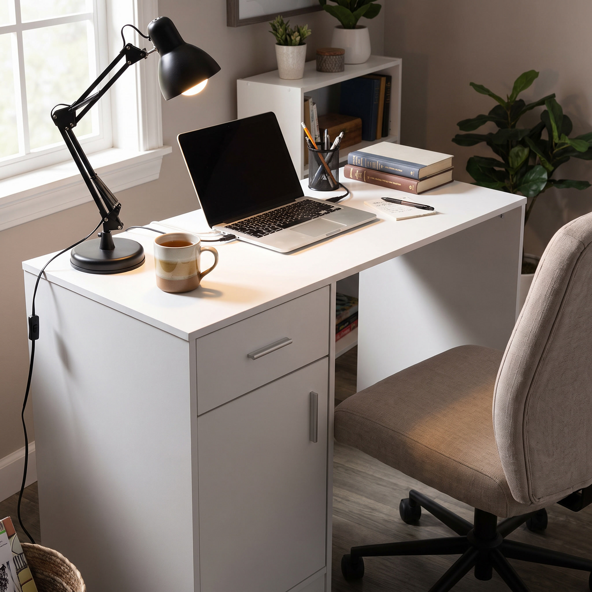 Livo White Desk with Drawer and Cabinet 100cm — in a compact home office