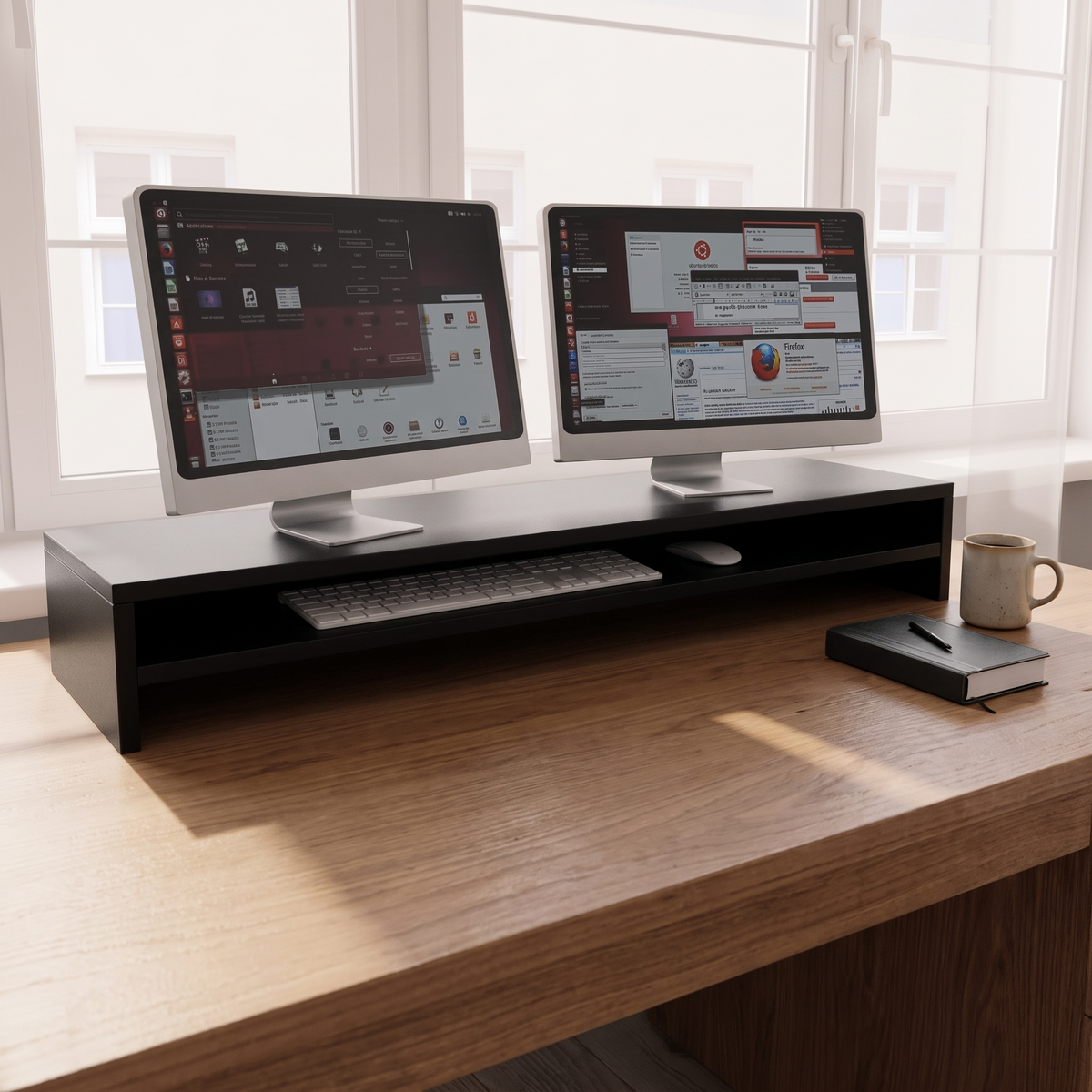 Linea Black Monitor Riser 100cm — in use on a desk
