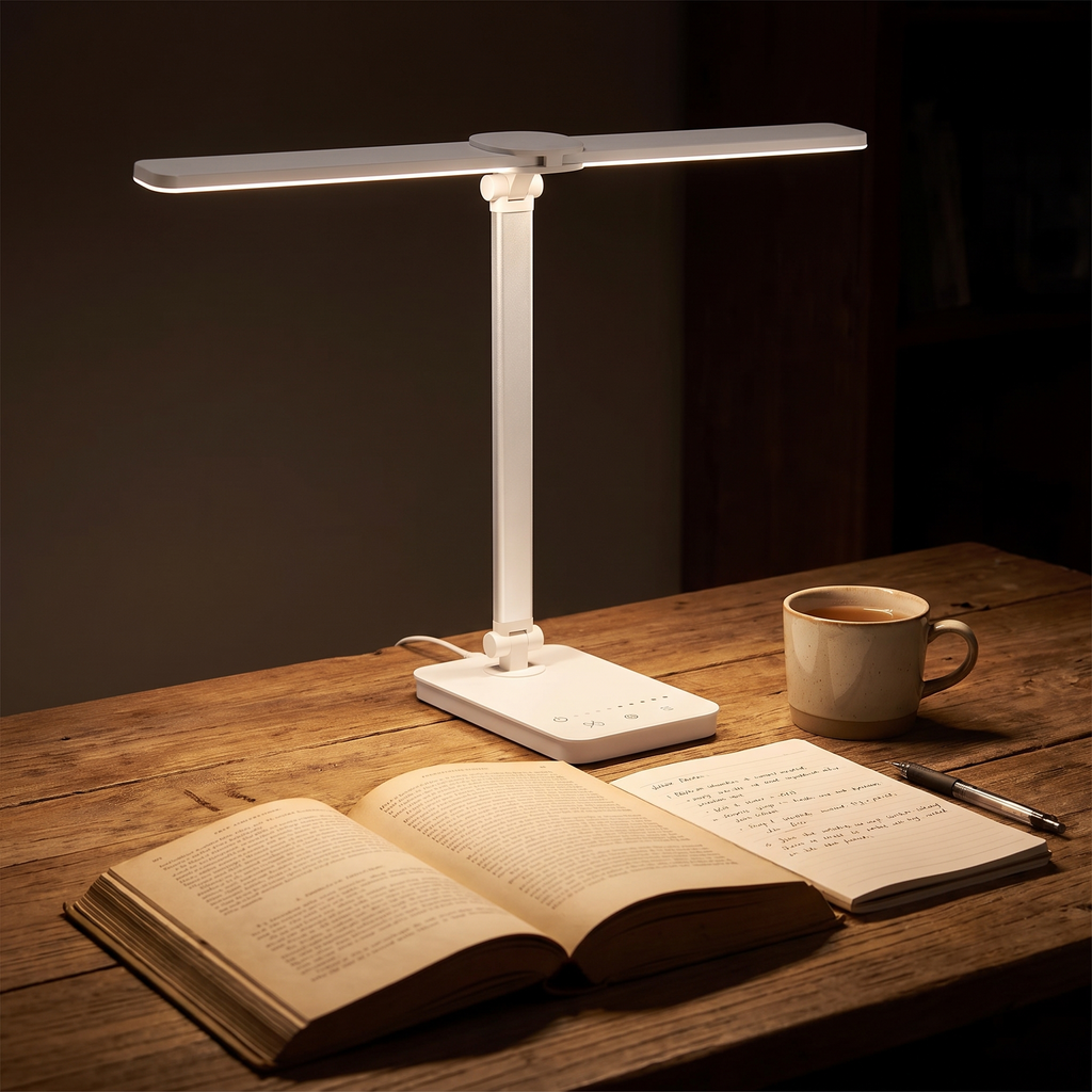Chiara Double Arm Banker Lamp, White — lighting a desk in the evening