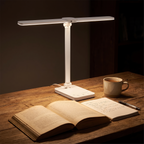 Chiara Double Arm Banker Lamp, White — lighting a desk in the evening