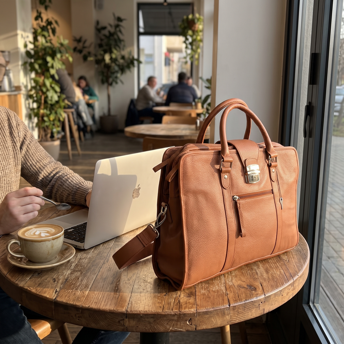 The Envoy Leather Briefcase, Brown — on a cafe table