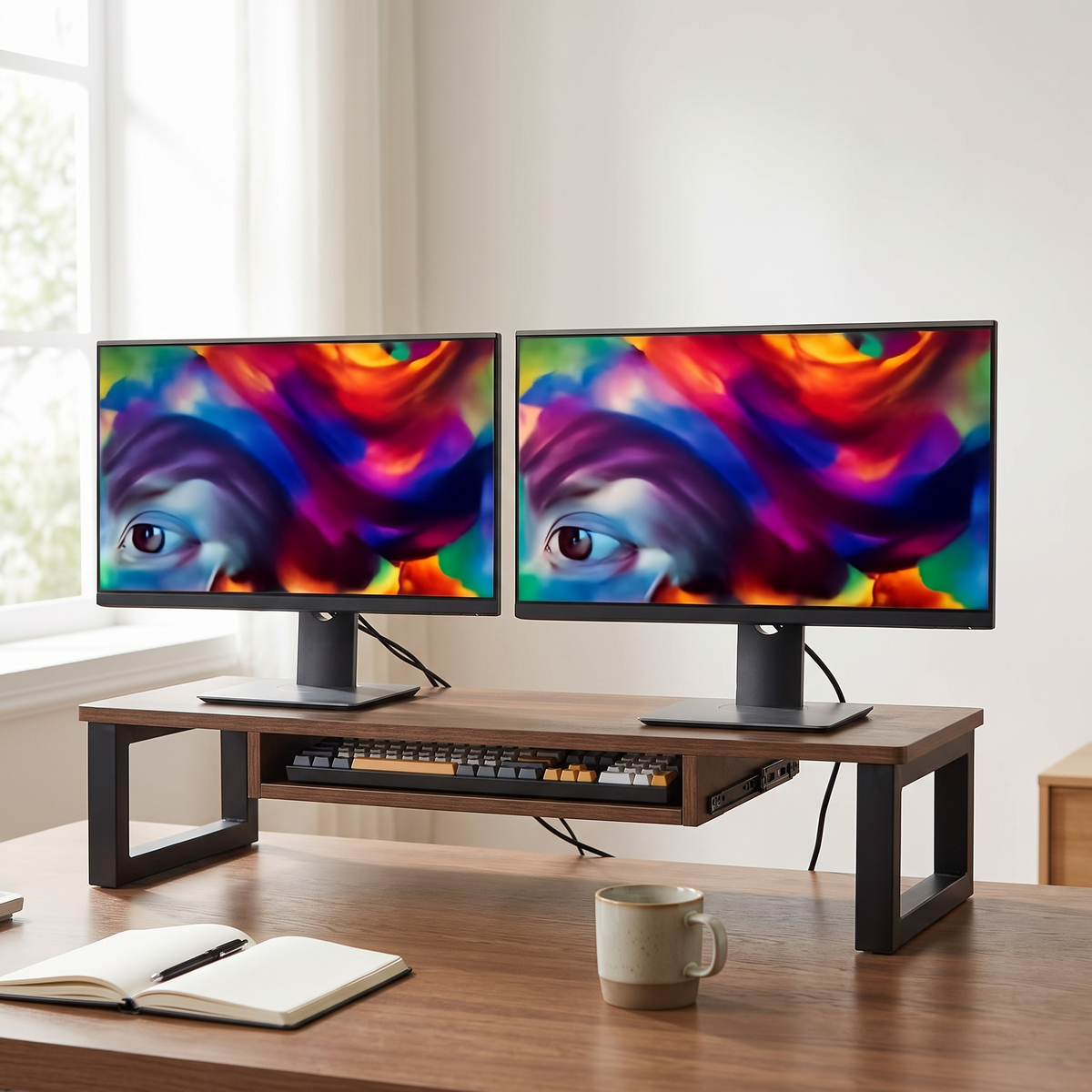 Plano Wood and Steel Dual Monitor Riser — in use on a desk