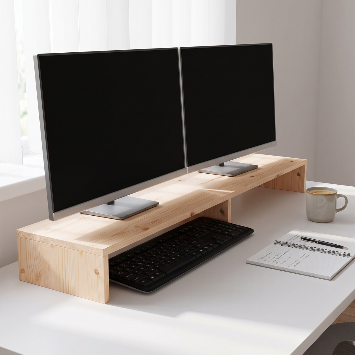 Riva Solid Pine Monitor Riser 100 x 27 x 10cm — in use on a desk