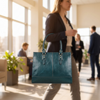 The Signature Leather Laptop Bag, Bottle Green 17 inch — carried in an office lobby