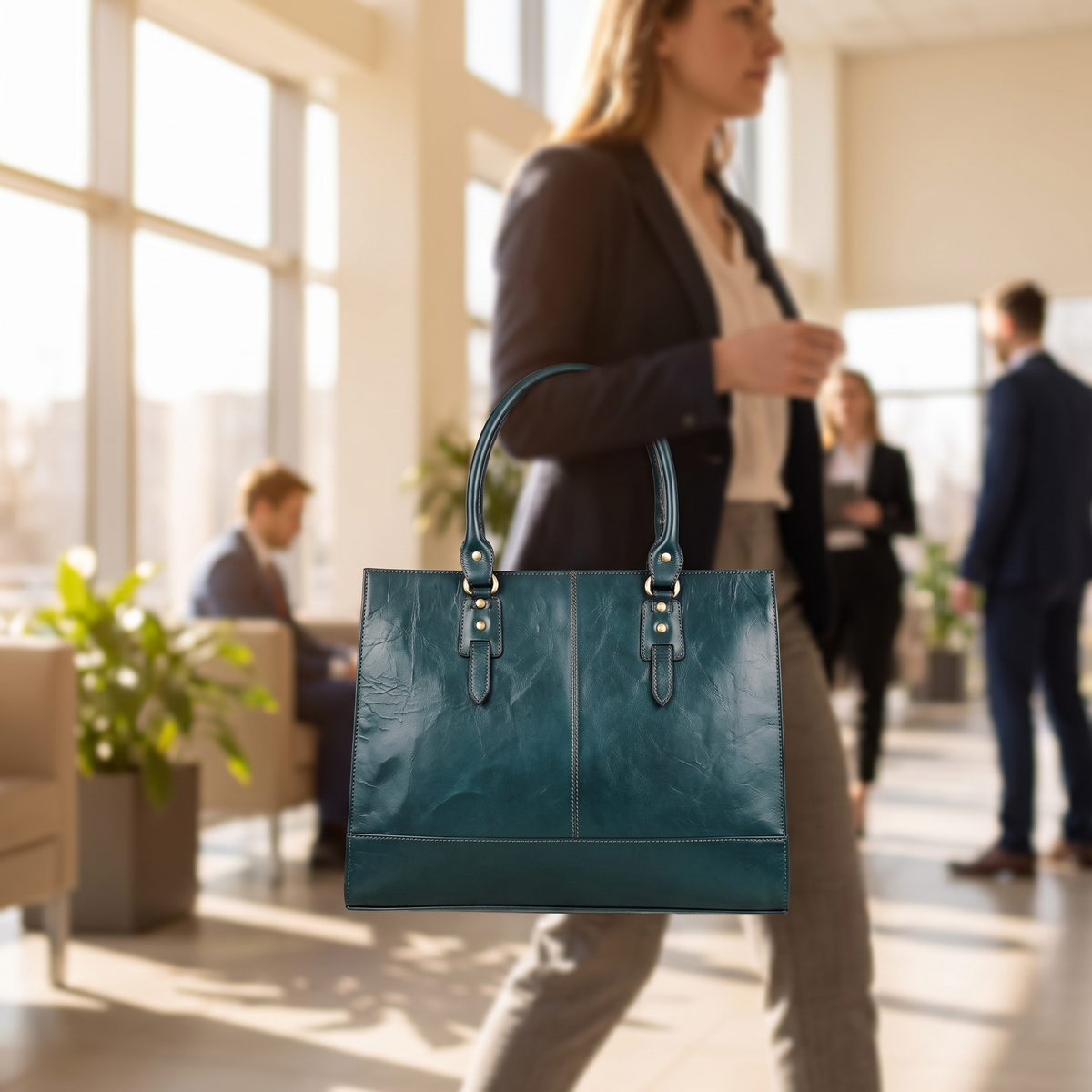 The Signature Leather Laptop Bag, Bottle Green 17 inch — carried in an office lobby