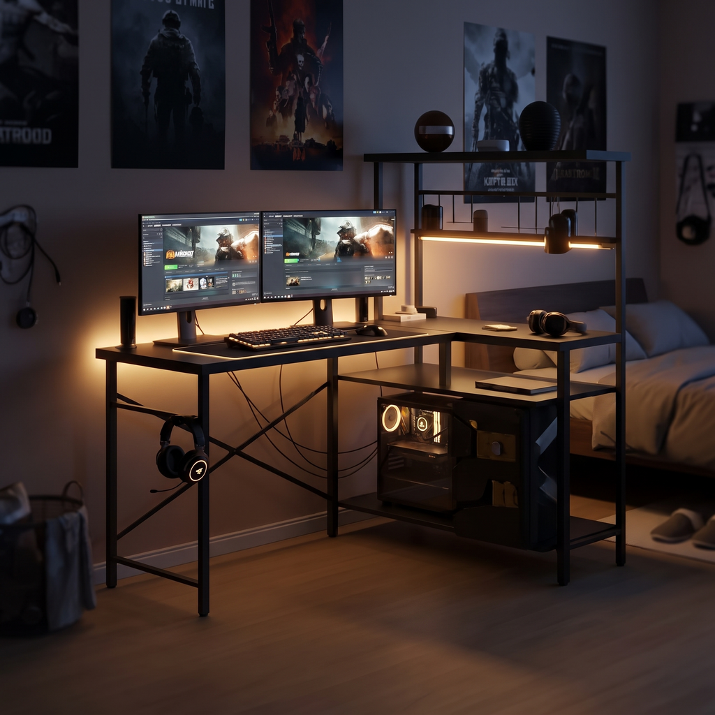 51 Inch L Shaped LED Gaming Desk — in a bedroom gaming setup