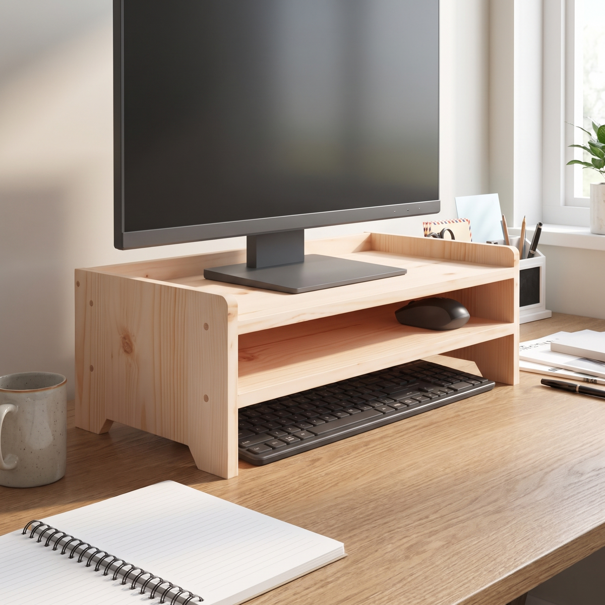 Riva Solid Pine Monitor Riser 50 x 24 x 16cm — in use on a desk