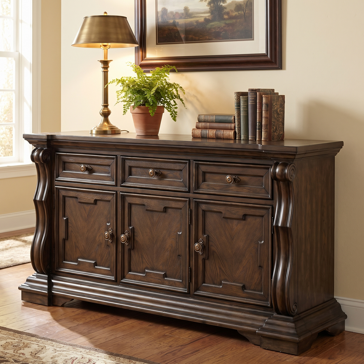 Maylee Office Sideboard, Dark Brown — against a wall in a home office