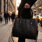 The Signature Leather Laptop Bag, Black 15 inch — carried on a city street