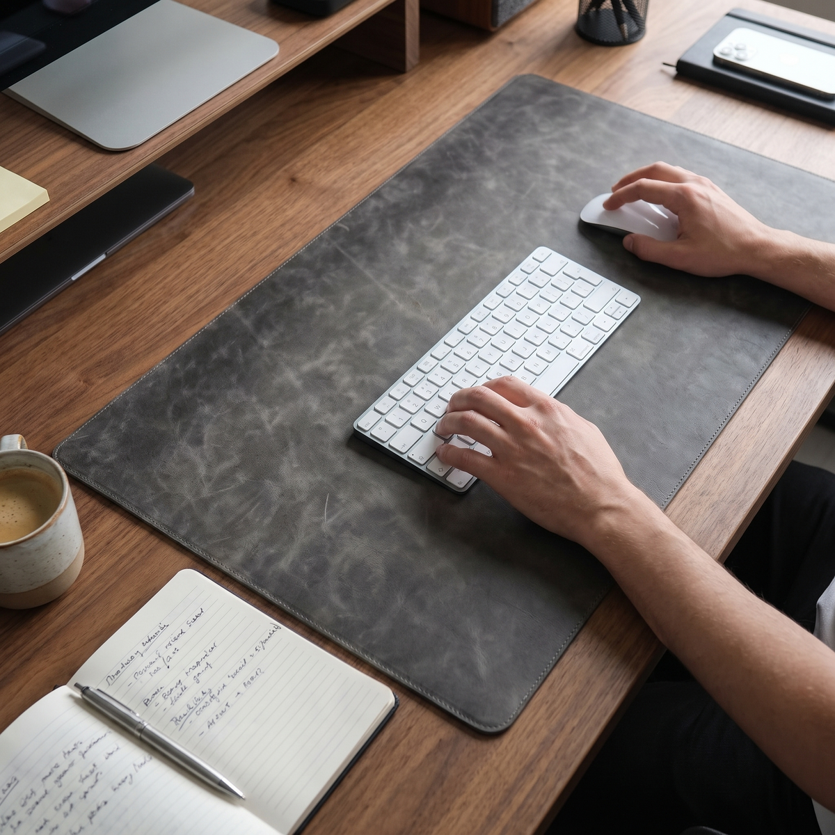 Jersey Grey Leather Desk Pad 36 x 19 inch — in use on a desk