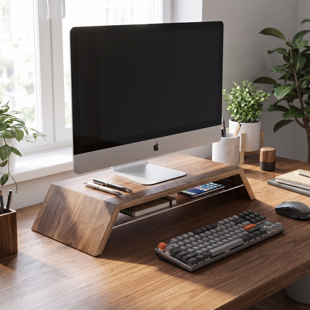 Ponte Black Walnut Monitor Riser with Storage — in use on a desk