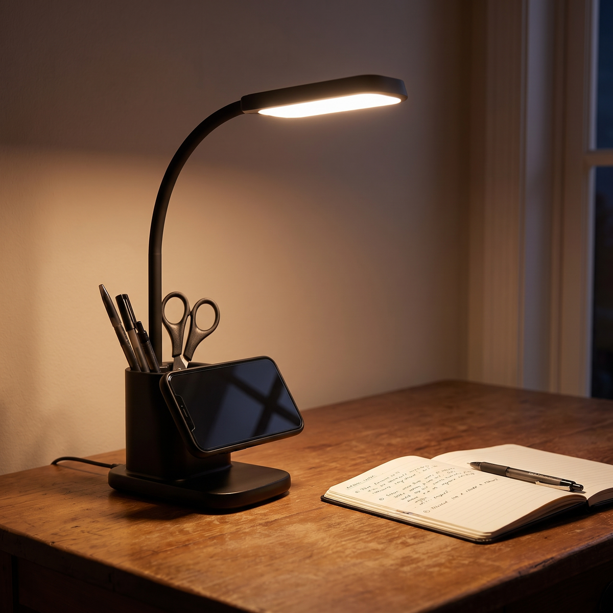 Ombra Desk Lamp with Wireless Charger, Black — in use on a desk at night