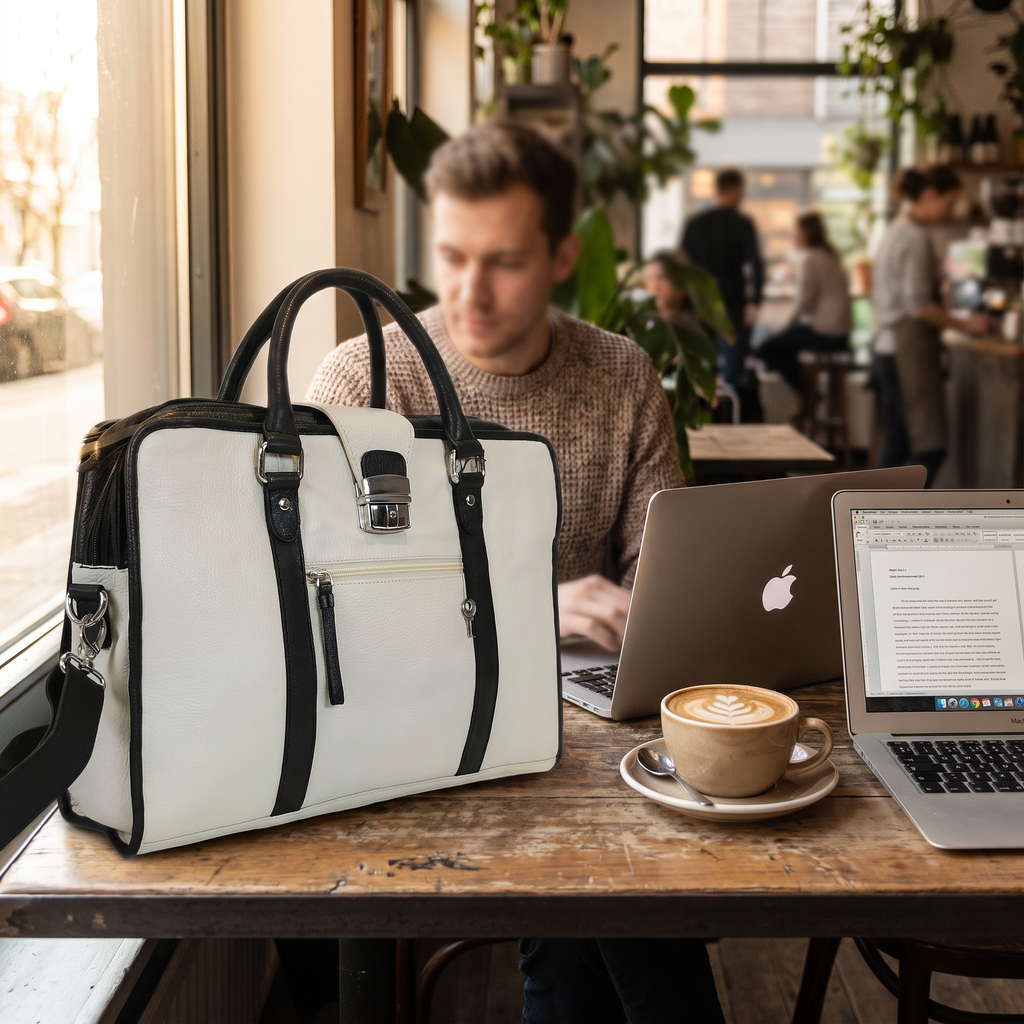 The Envoy Leather Briefcase, White — on a cafe table