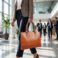 The Signature Leather Laptop Bag, Tan 17 inch — carried in an office lobby