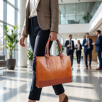 The Signature Leather Laptop Bag, Tan 17 inch — carried in an office lobby