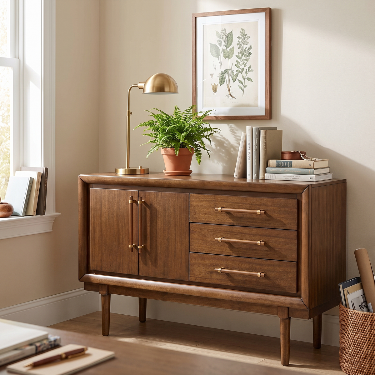 Lyncott Office Credenza, Brown — against a wall in a home office