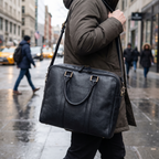 The Signature Leather Messenger Bag, Black — worn crossbody on a city street