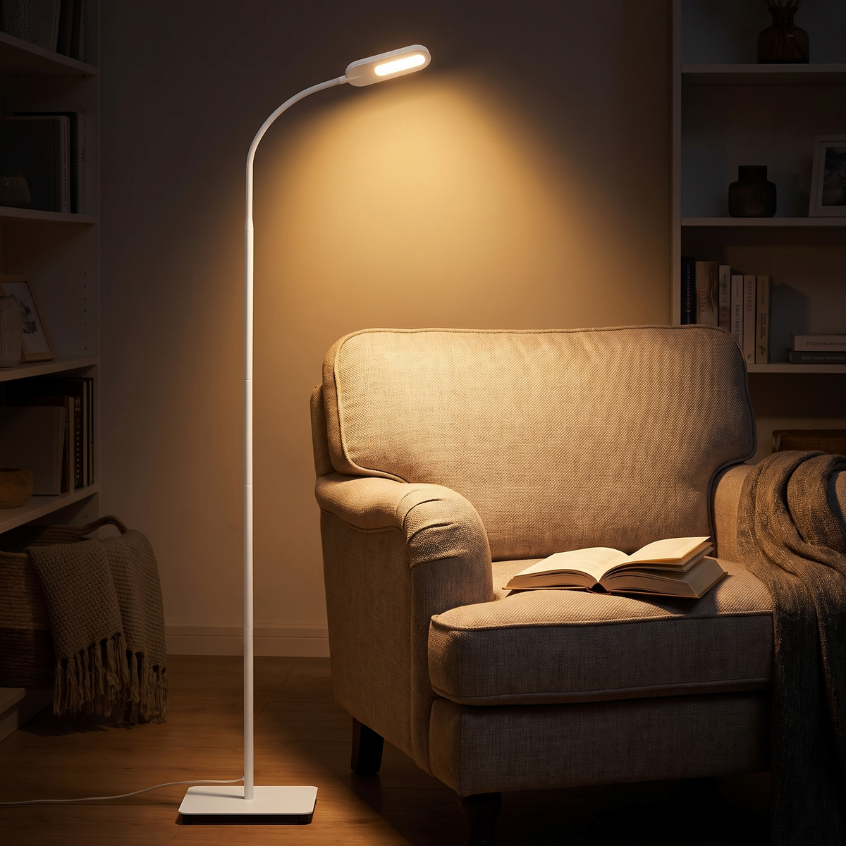Notte White Touch Floor Lamp 128cm — beside an armchair in the evening