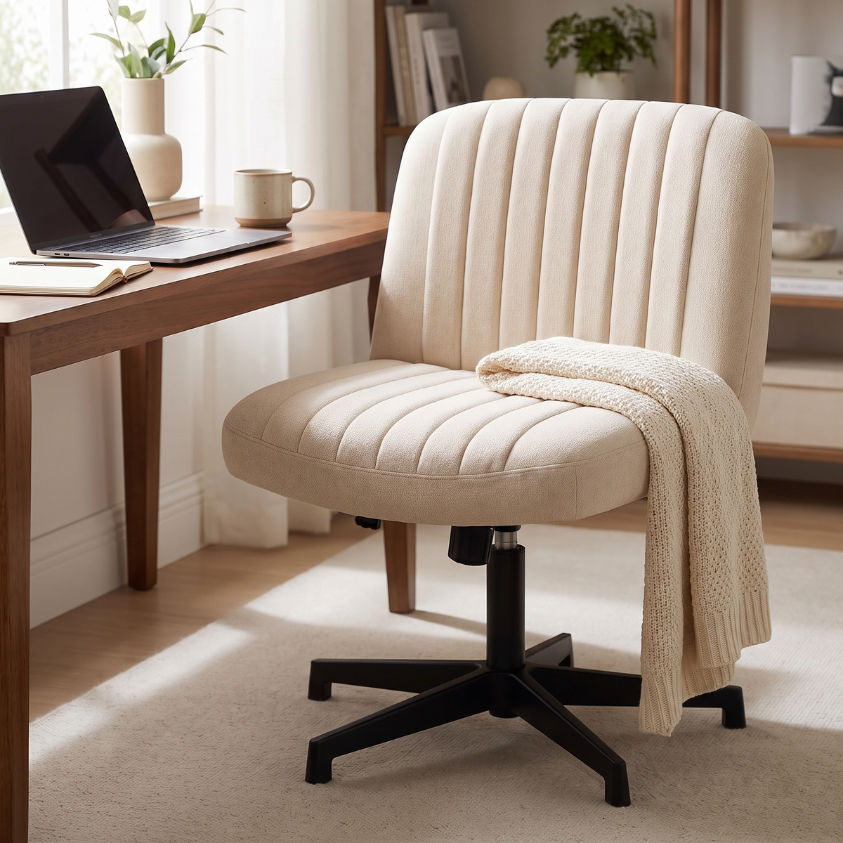 Aria Beige Cross Leg Swivel Chair — beside a desk in a home office