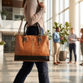 The Signature Leather Laptop Bag, Copper 17 inch — carried in an office lobby