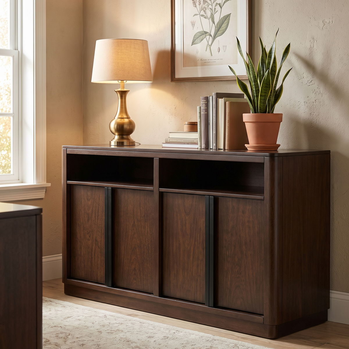 Dilenno Office Credenza, Dark Brown — against a wall in a home office