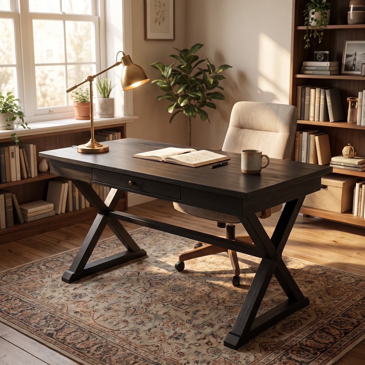 Ravenna Black Oak Writing Desk 71 inch — in a study