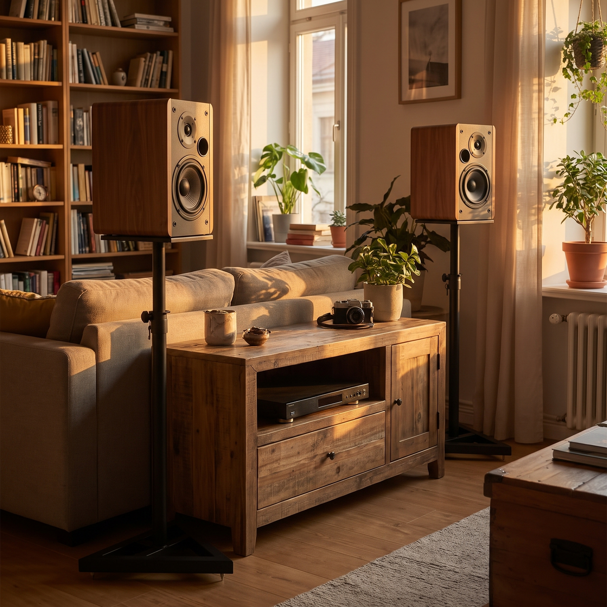 Alto Black Steel Speaker Stands — in a living room either side of a media unit