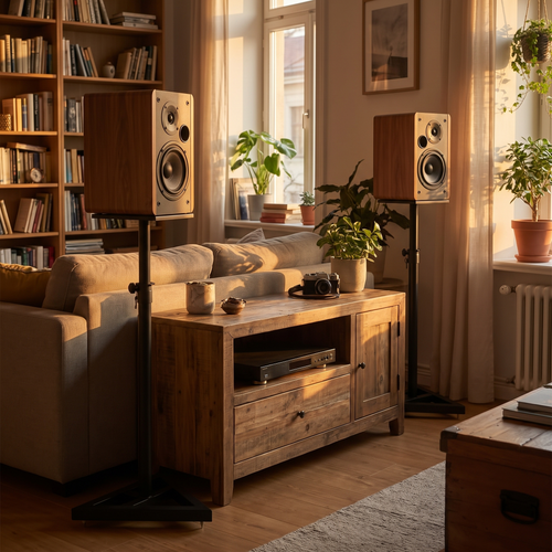 Alto Black Steel Speaker Stands — in a living room either side of a media unit