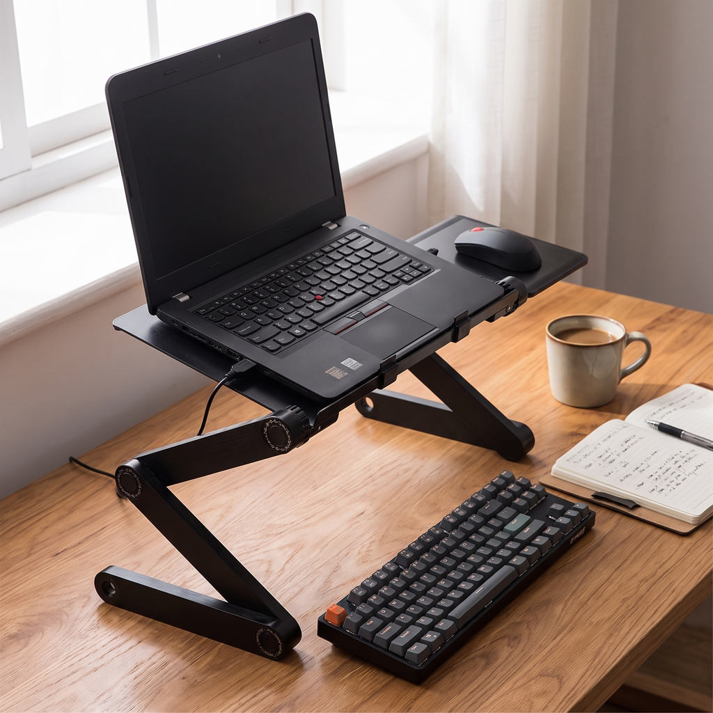 Volo Adjustable Vented Laptop Stand — in use on a desk