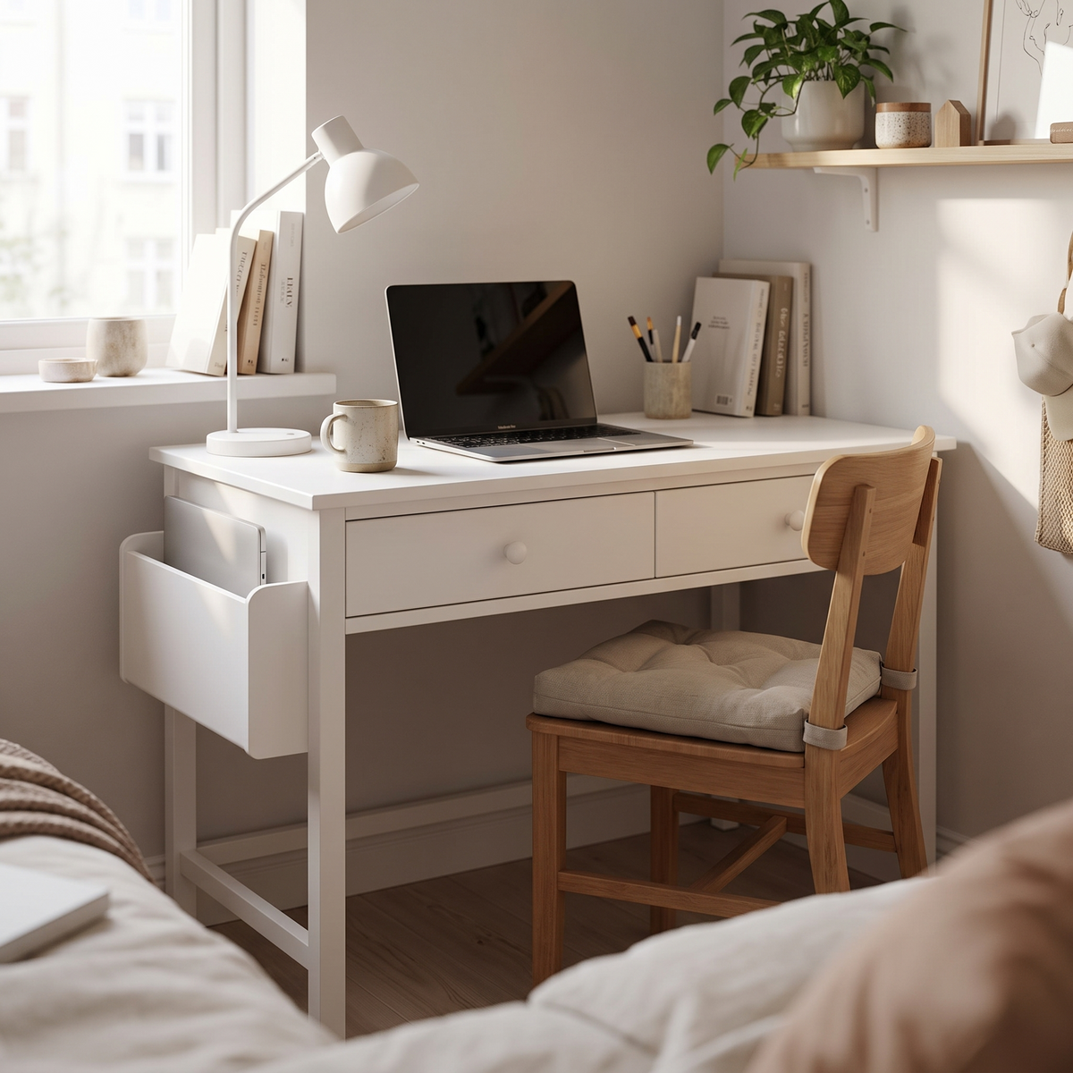 Lucca White Compact Writing Desk 32 inch — in a small bedroom corner