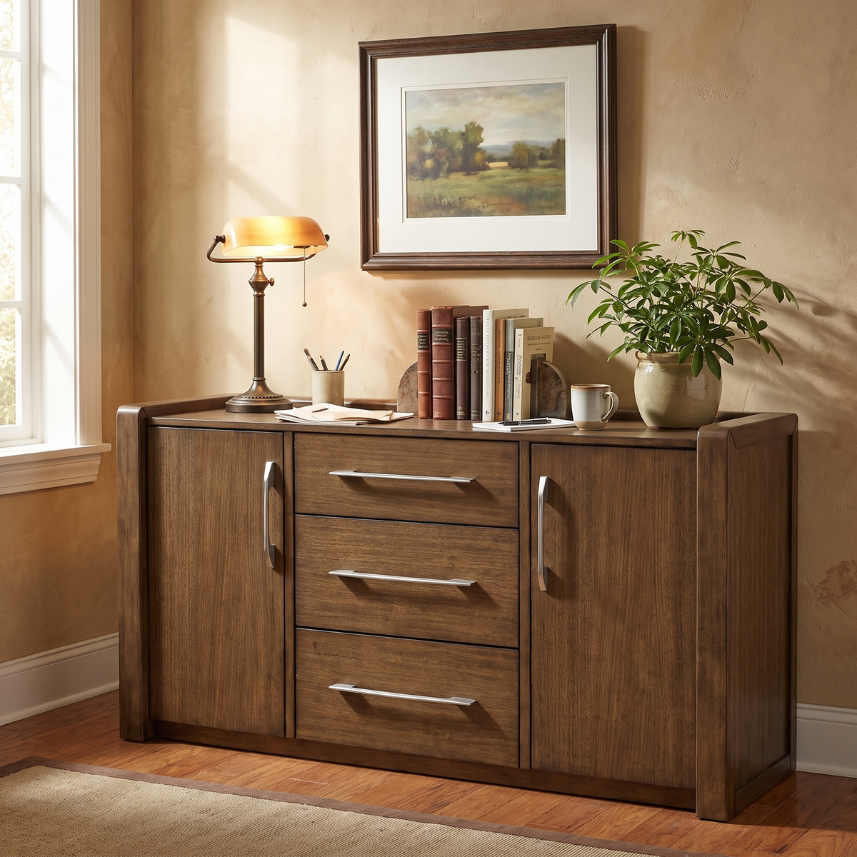 Marxmore Office Credenza, Brown — against a wall in a home office