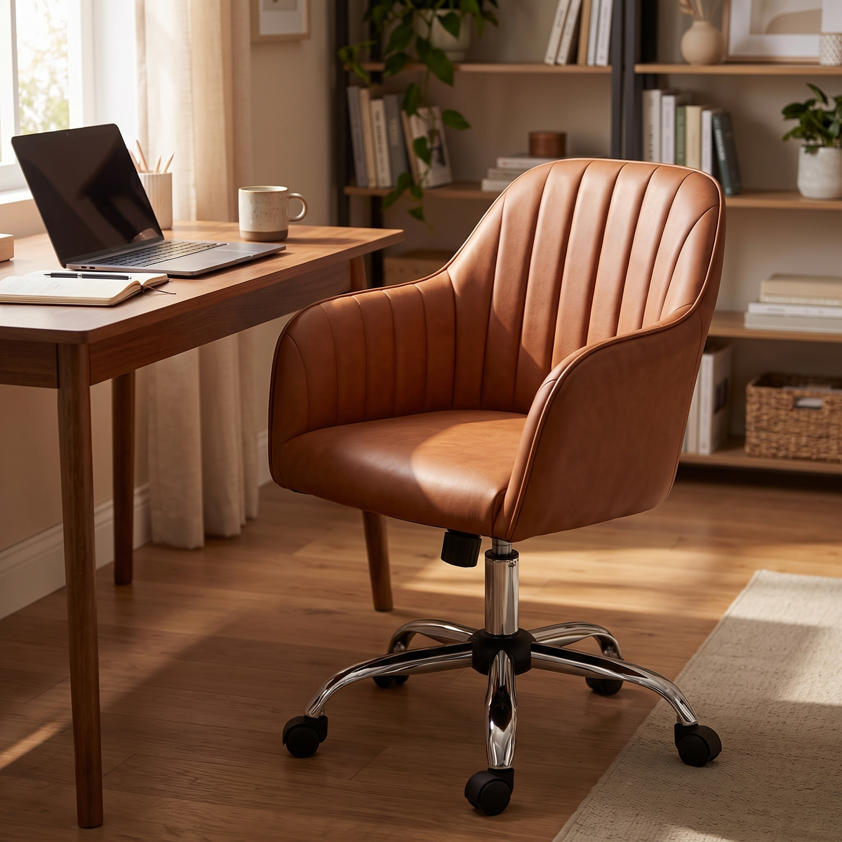 Sable Brown Faux Leather Task Chair — beside a desk in a home office
