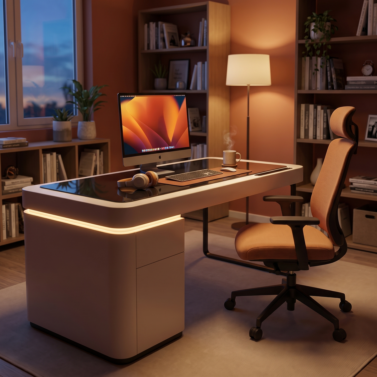 50 Inch Ivory LED Desk with Cabinet — in a home office at dusk