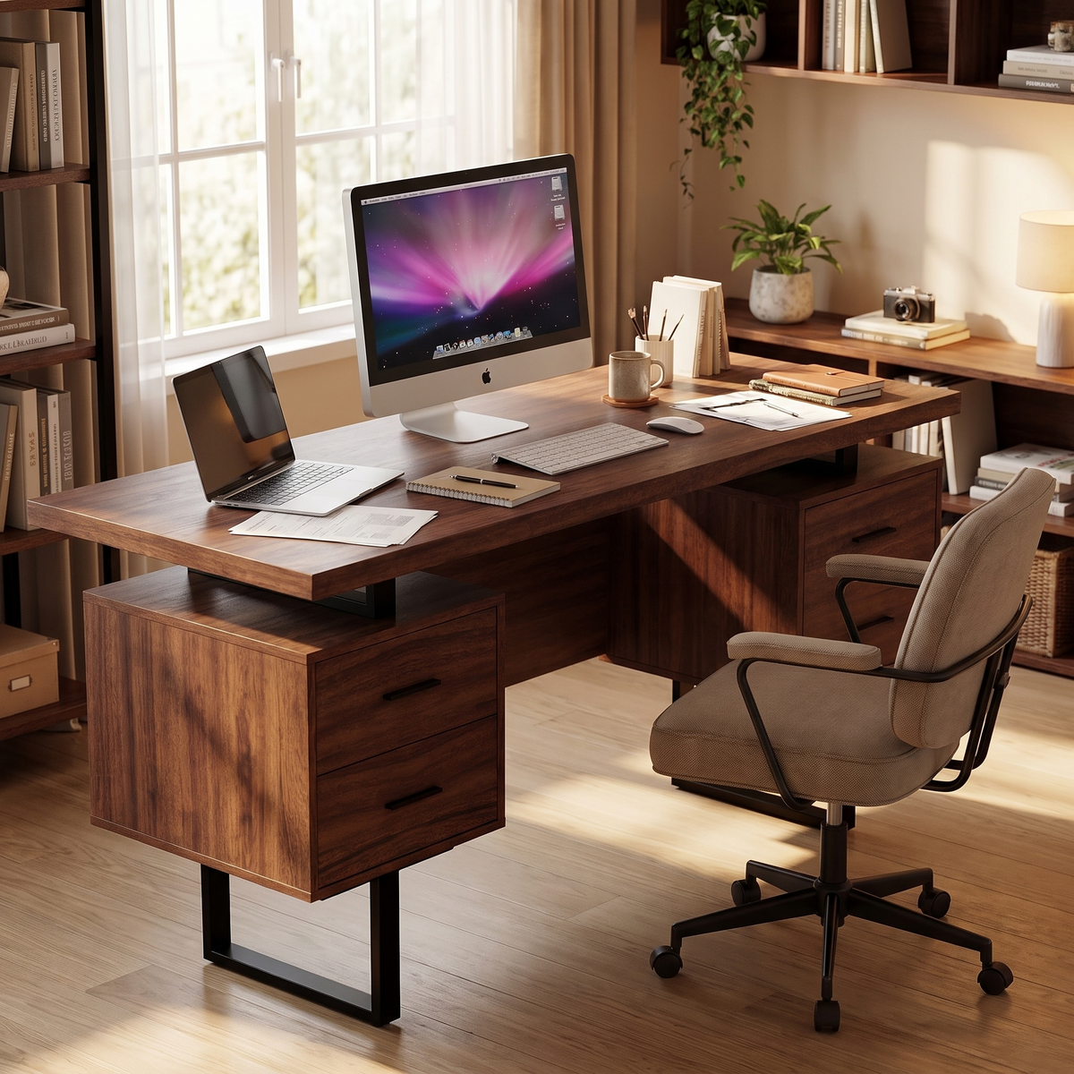 Mariposa Walnut and Black Steel Office Desk 60 inch — in a home office