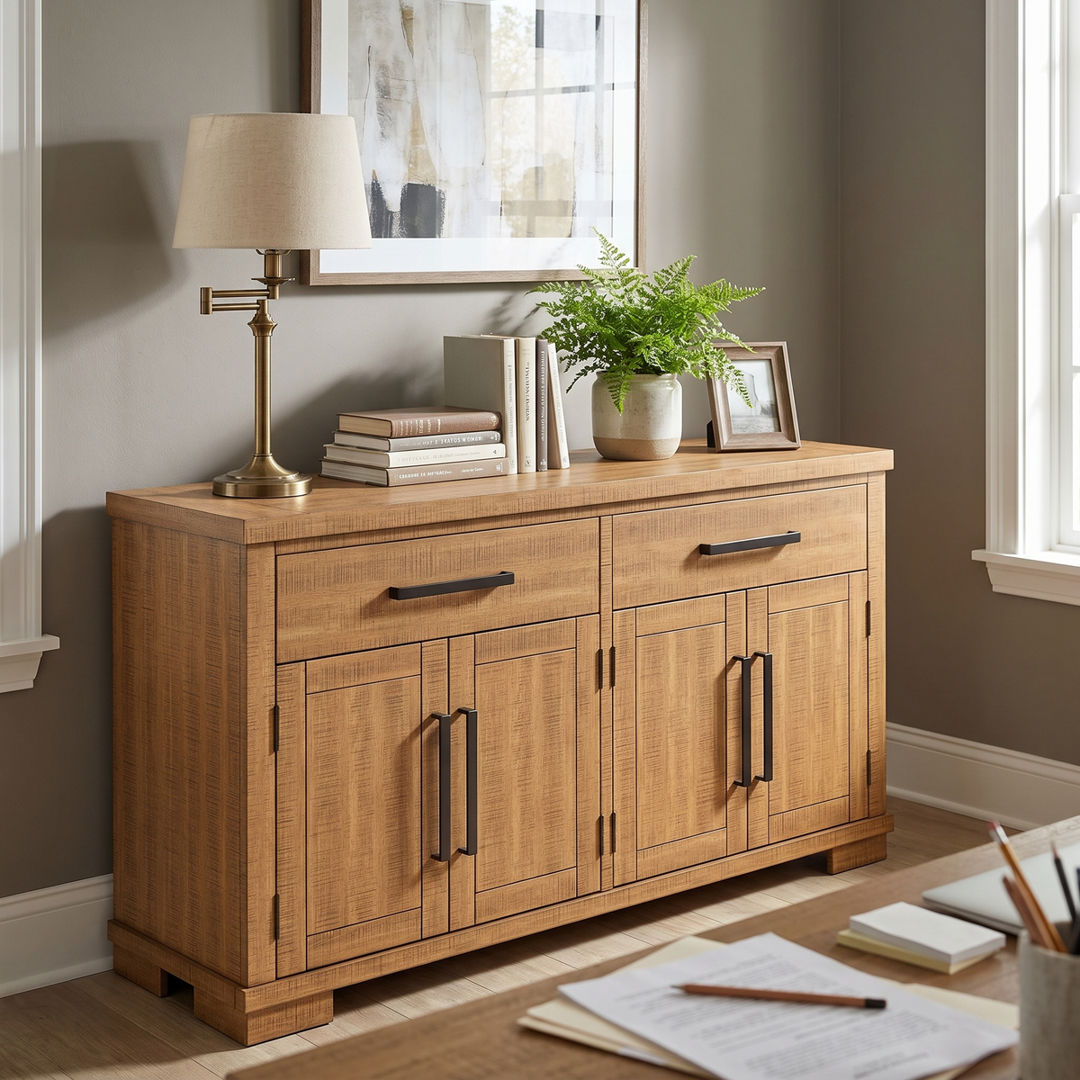 Havonplane Office Credenza, Brown — against a wall in a home office