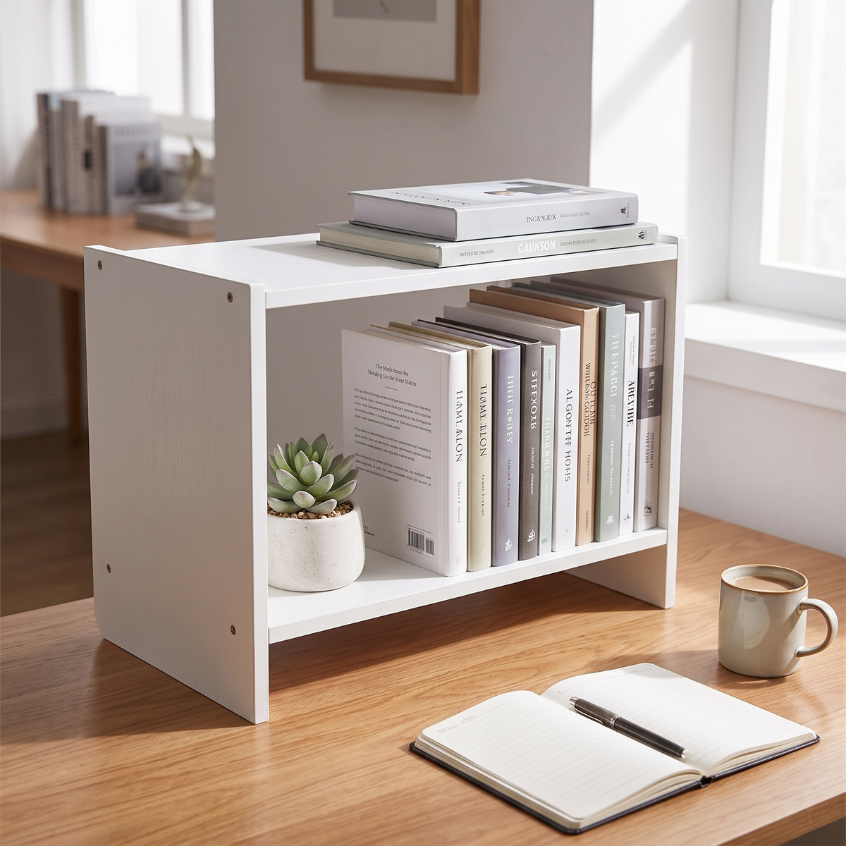 Scala Wooden Desktop Bookshelf — in use on a desk