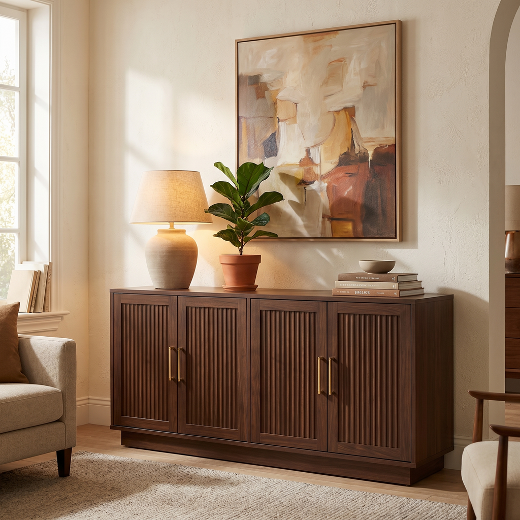Fluted Walnut Sideboard with Adjustable Shelves — against a wall in a living room