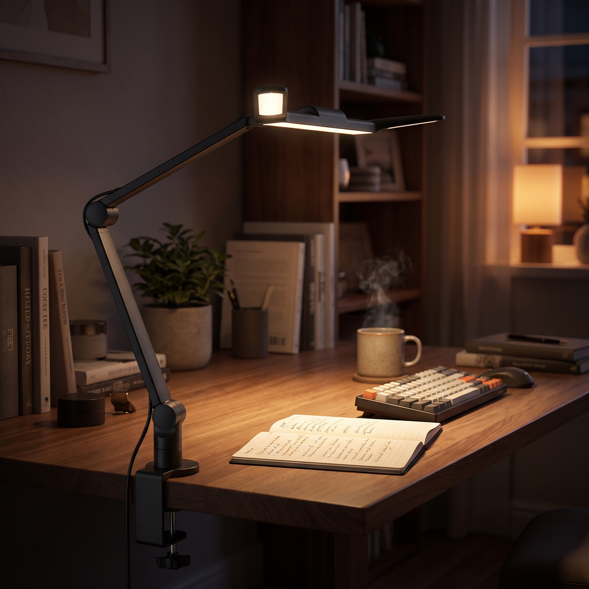 Luce Clamp Desk Lamp with Stepless Dimming — clamped to a desk in the evening