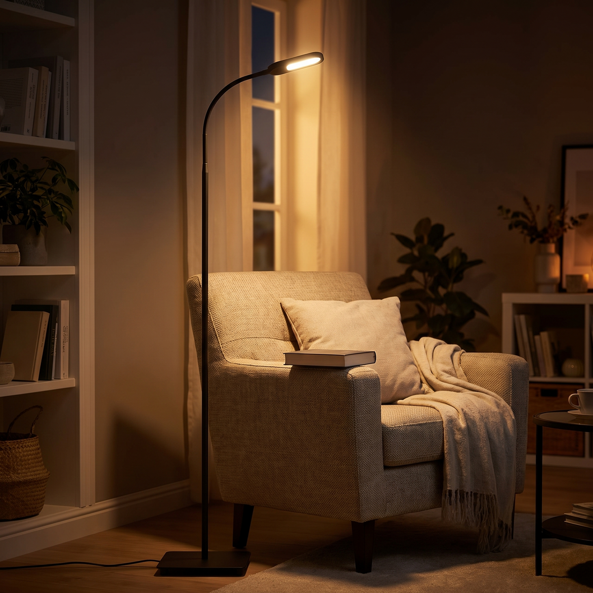 Notte Black Touch Floor Lamp 128cm — beside an armchair in the evening