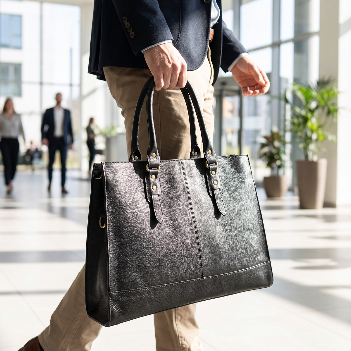 The Signature Leather Laptop Bag, Black 17 inch — carried in an office lobby