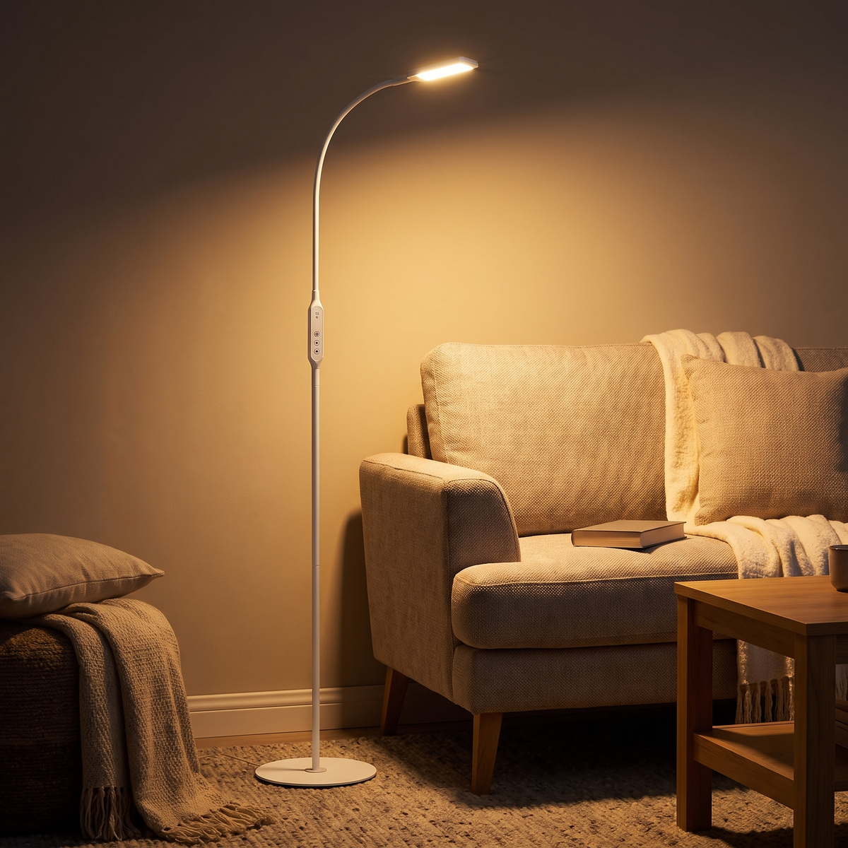 Aurora White Floor Lamp with Remote 140cm — beside an armchair in the evening