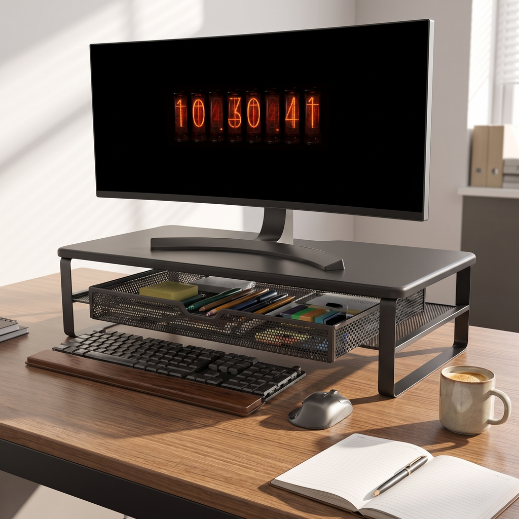 Mesa Dual Level Monitor Riser with Drawer — in use on a desk