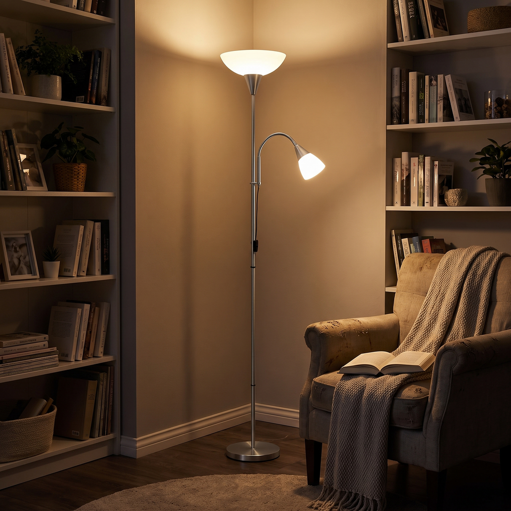 Silver Mother and Child Floor Lamp — beside an armchair in the evening