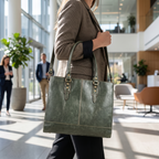 The Signature Leather Laptop Bag, Olive Green 17 inch — carried in an office lobby