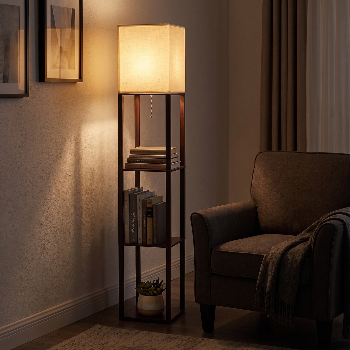 Lume Walnut Shelf Floor Lamp — beside an armchair in the evening