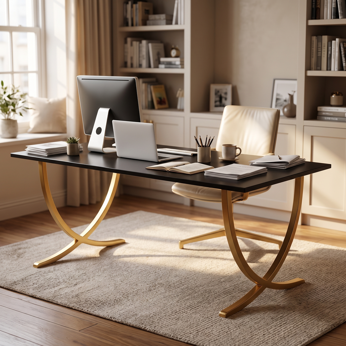 Milano Black and Brass Executive Desk 63 inch — in a home office